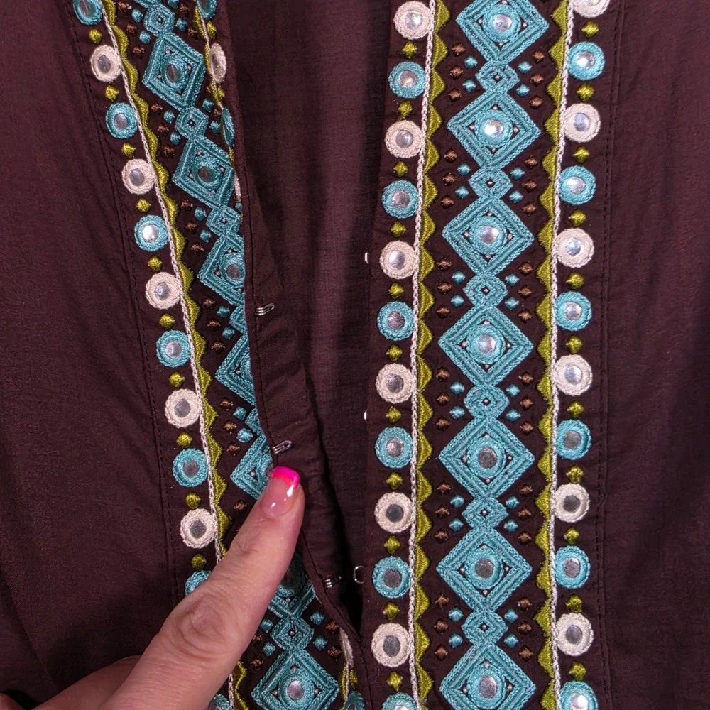 Tory Burch Tunic Women 2 Brown Boho Coastal Festival Embroidered Blue Resortwear